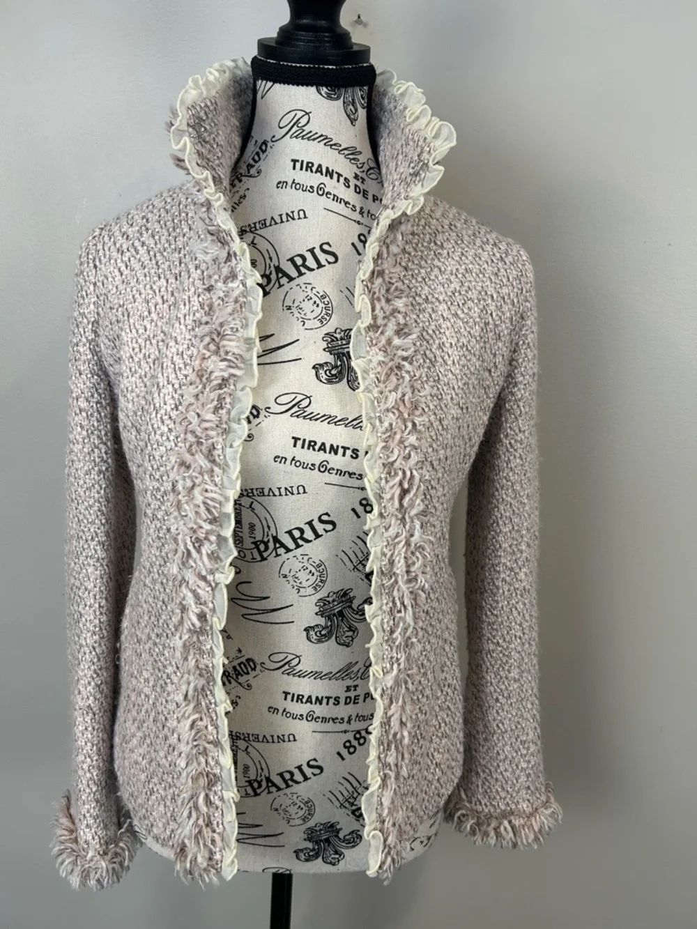 Utd Textured Tweed Jacket Blush Pink Ruffle Trim Fringe Open Front M READ - Picture 1 of 12